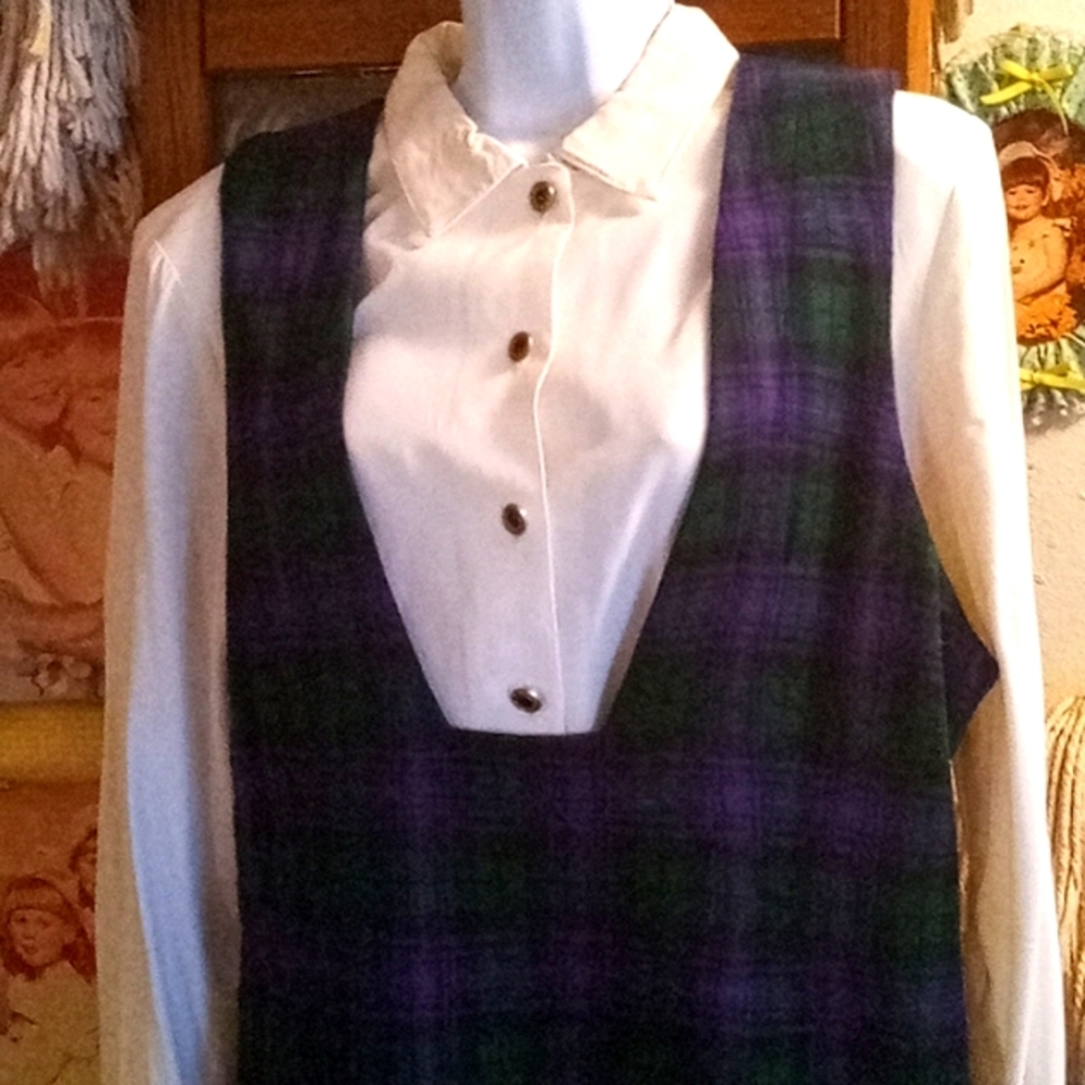 Vintage 80s,"School Girl",Teal & Purple Plaid,Knit Jumper & White Blouse Set💚💜